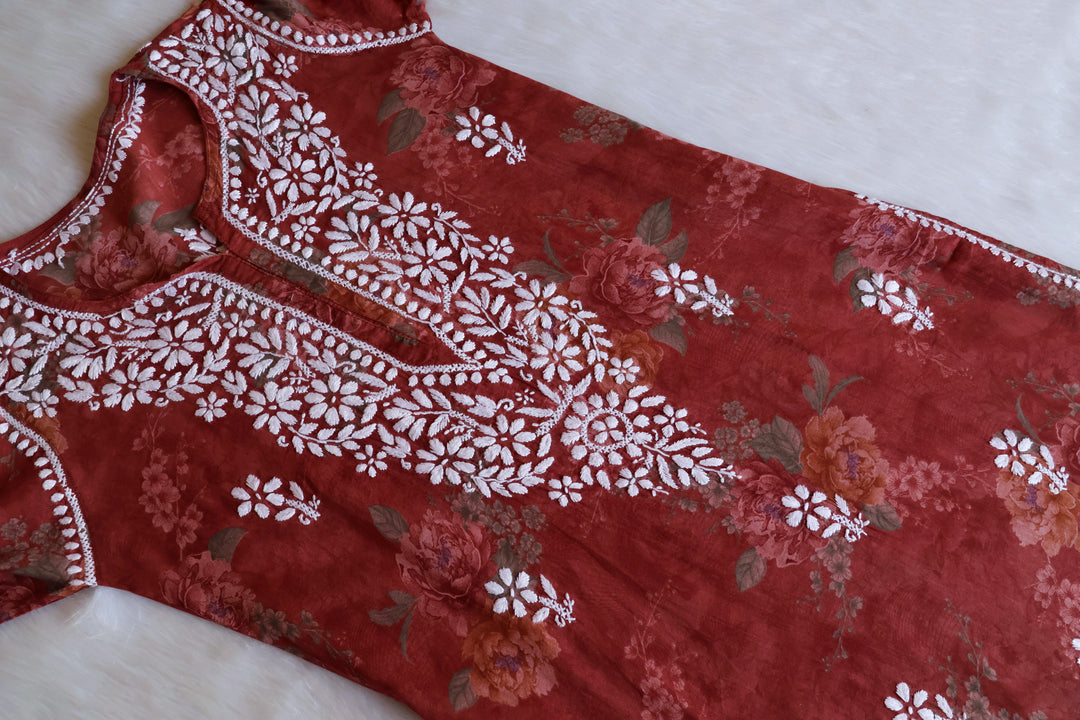 Dahlia Brick Red Floral Long MulMul kurta