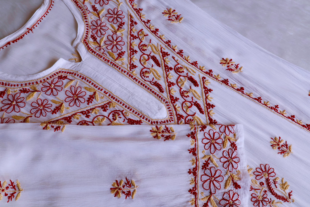 Hoorain White, Maroon & Cream Pure Chiffon Kurta