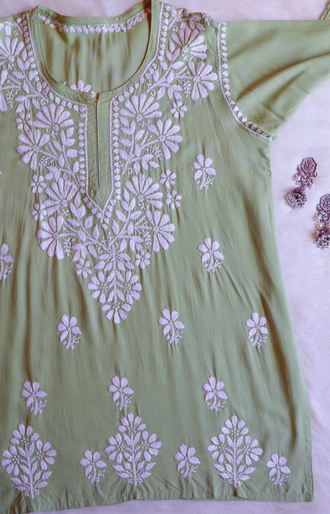 Aayat Sage Green Short Rayon Kurta - Noor Chikankari