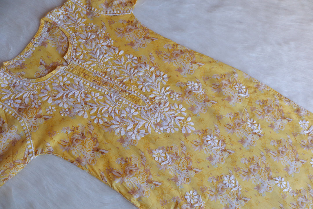 Zahra Yellow Floral Long MulMul kurta