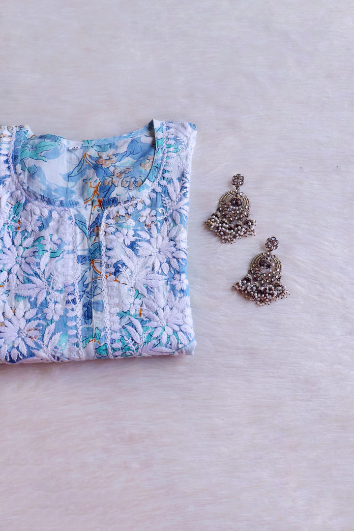 Maahgul Ice Blue Floral Long MulMul kurta