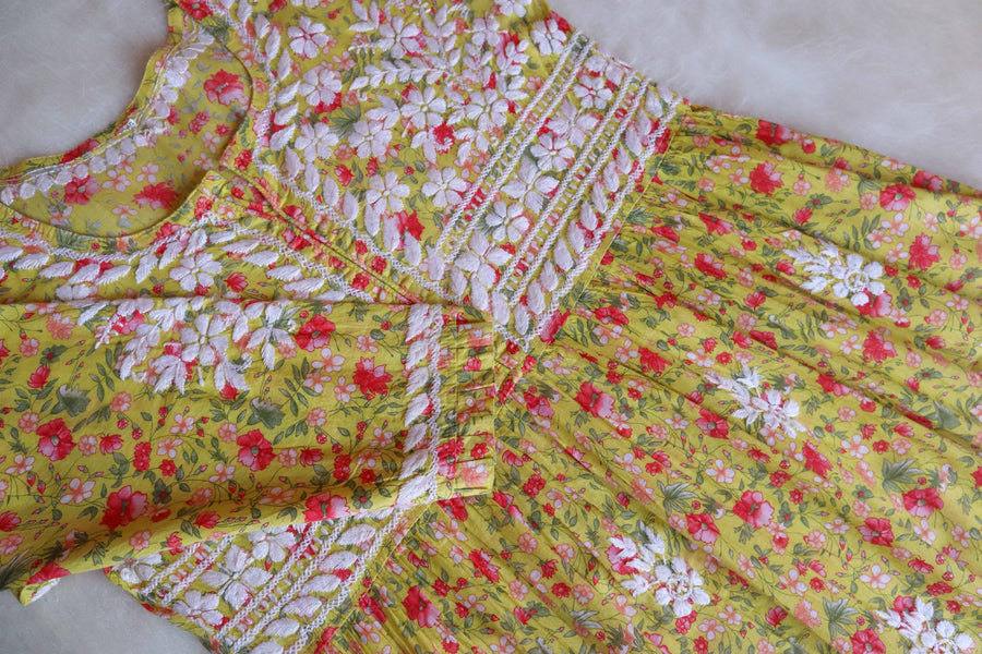 Gul Yellow & Pink Floral Mulmul Dress Noor Chikankari