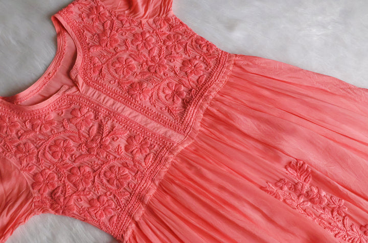 Aafiyat Pure Muslin Rose Pink Chikankari Fit and Flare dress