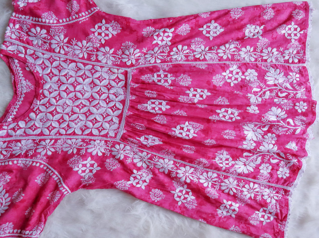 Meera Pink Floral Mulmul Lace Frock