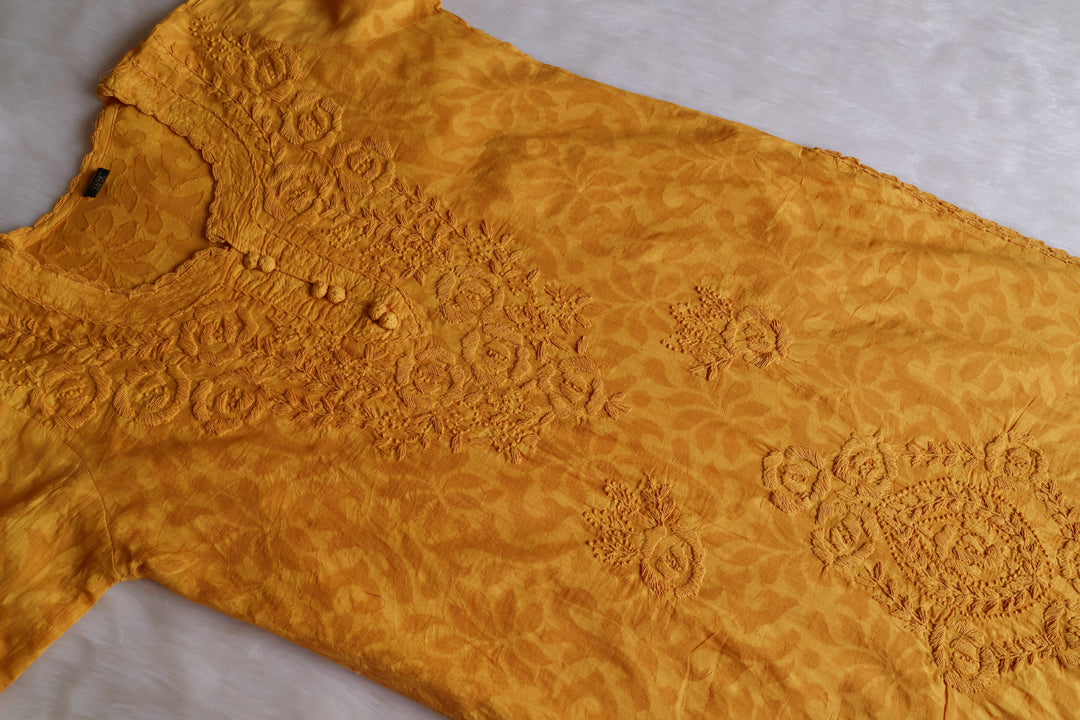 Mustard Yellow Long Jacquard Lace Cotton kurta