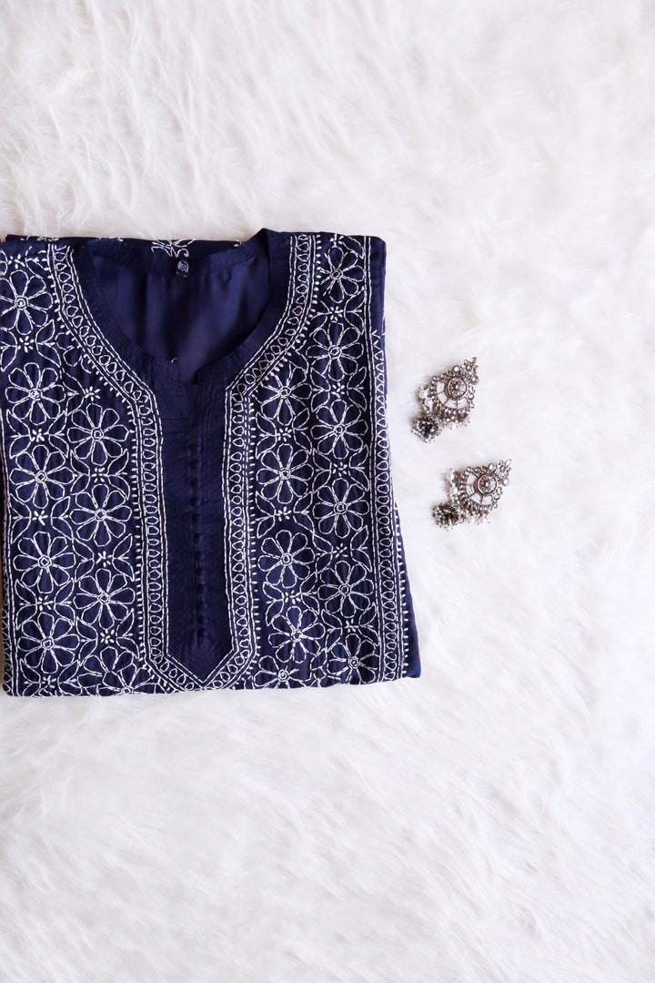 Zahrah Navy Blue Cotton Mulmul long kurta