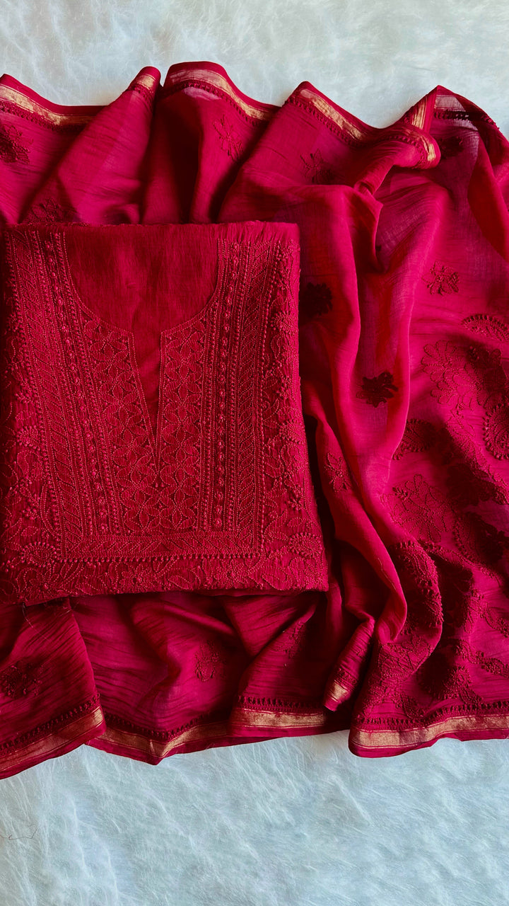 Maroon Chanderi Silk Unstitched Kurta with dupatta