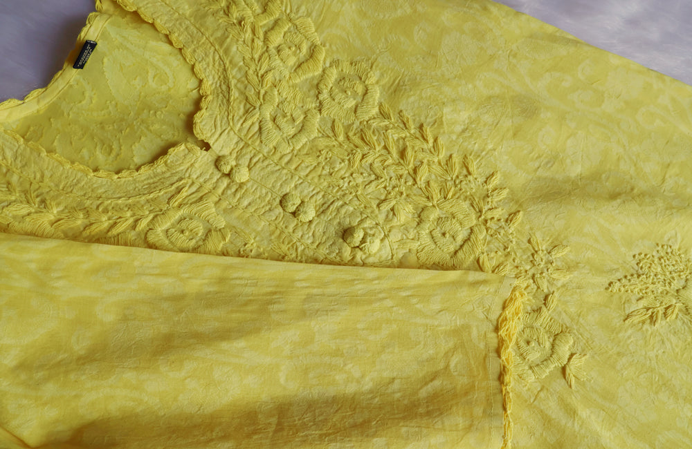 Yellow Long Jacquard Lace Cotton kurta - Noor Chikankari