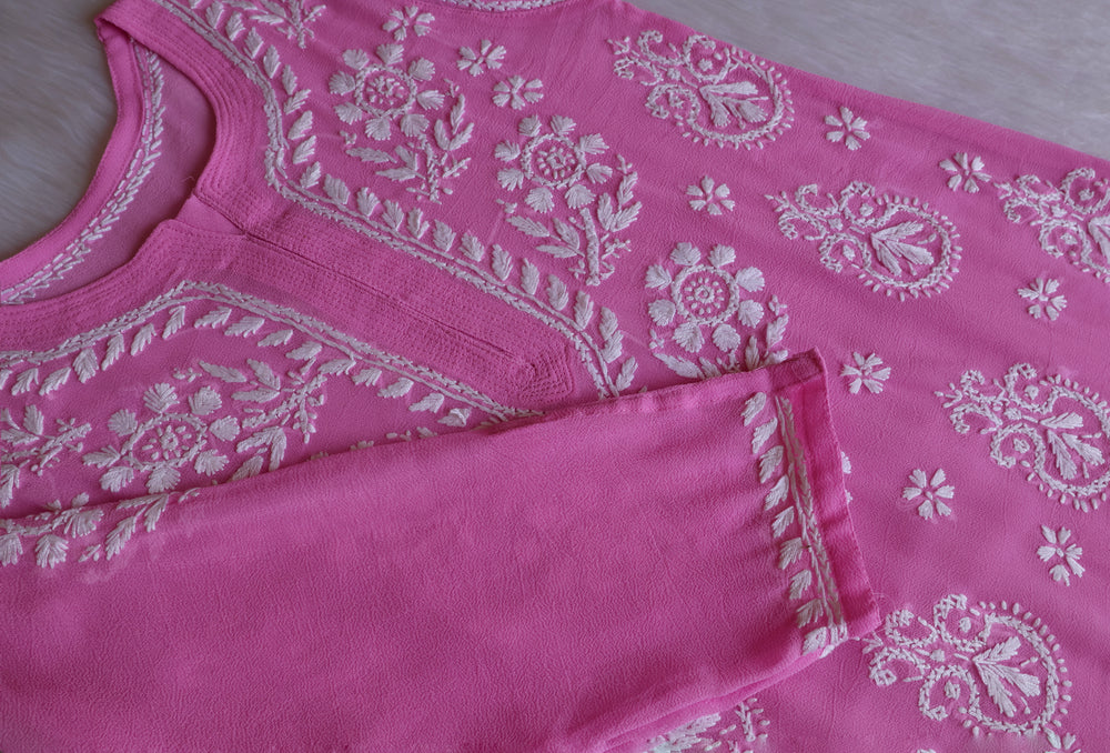 Zaira Petal Pink & White Short Georgette Kurta - Noor Chikankari