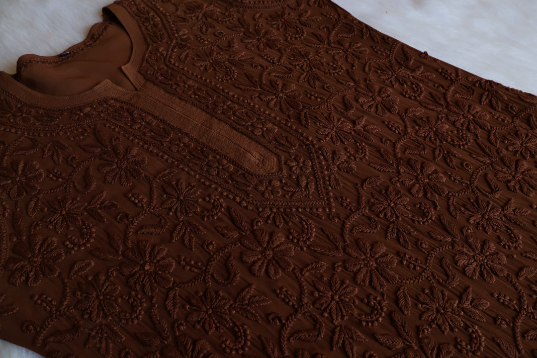 Alayna Chocolate Brown Jaal Viscose Georgette Kurta - Noor Chikankari