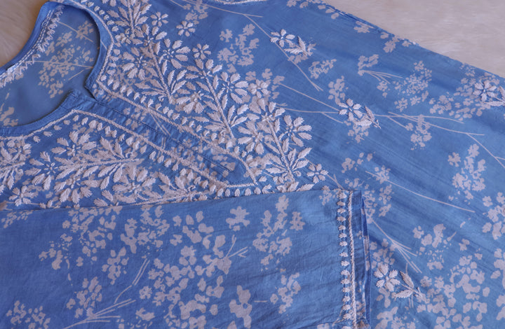 Farhaa Ice Blue Floral Long MulMul kurta