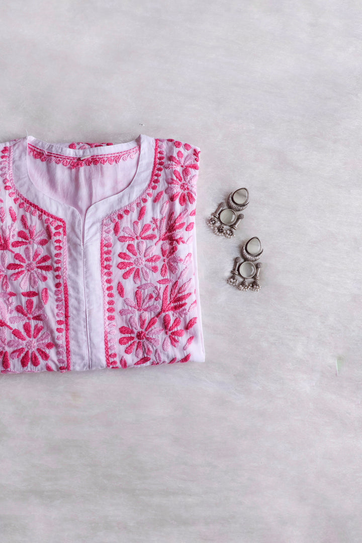 Gul Kashmiri White & Pink Pure Cotton Kurta