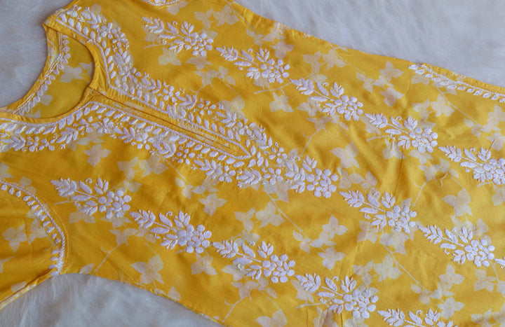 Farhaa Premium Yellow Floral Long MulMul kurta