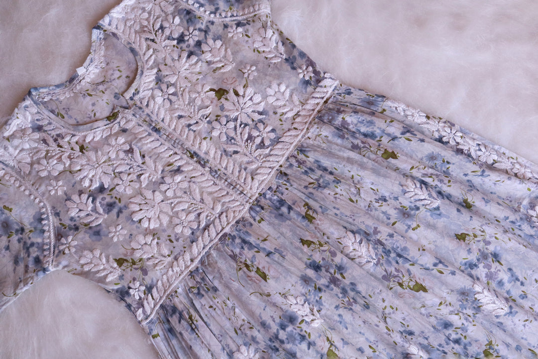 Inayah Grey & Blue Floral Mulmul Nyra Cut Dress