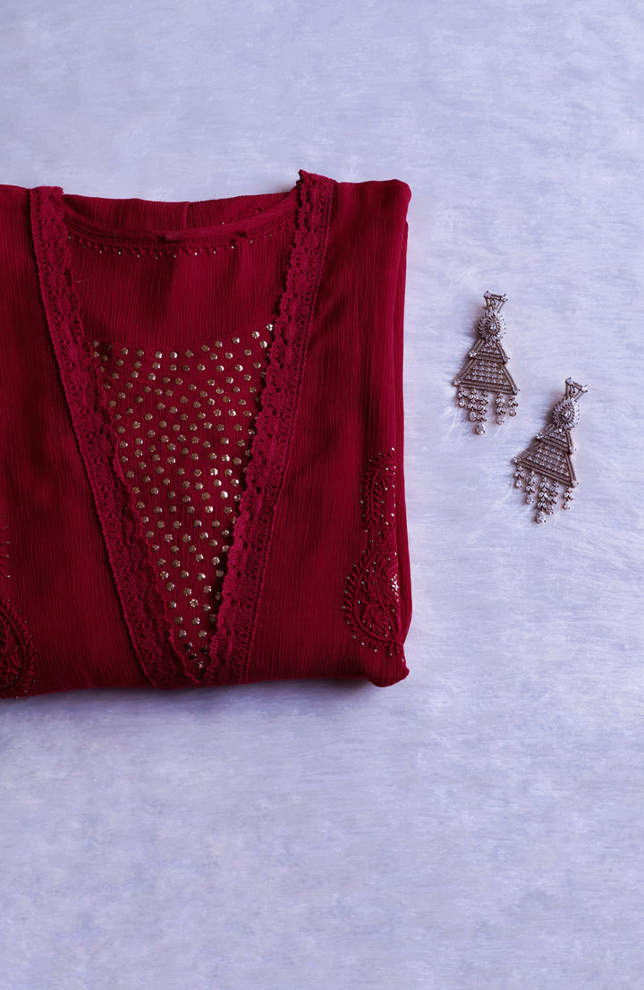 Anabiya Maroon Pure Chiffon Dress