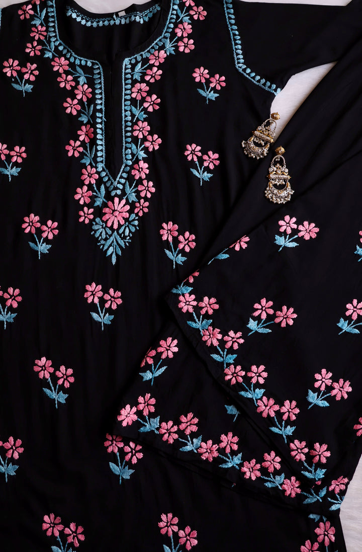 Sitara Black, Peach & Teal Rayon Kurta Set - Noor Chikankari