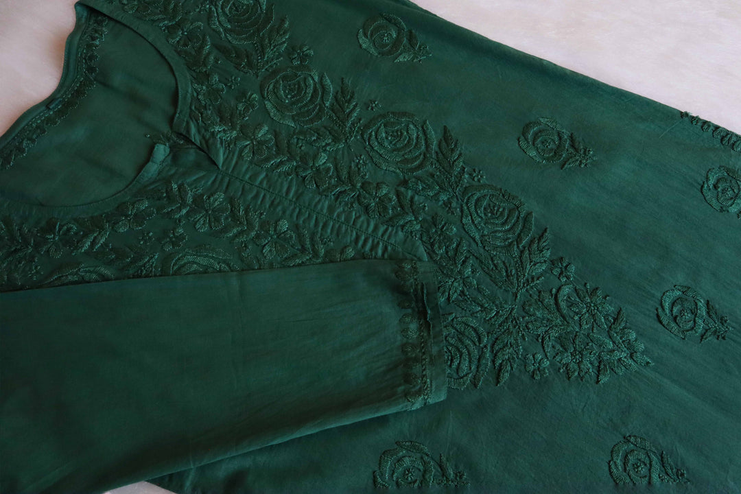 Noura Deep Green Pure Mulmul Kurta