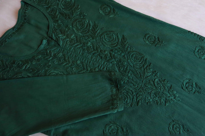 Noura Deep Green Pure Mulmul Kurta
