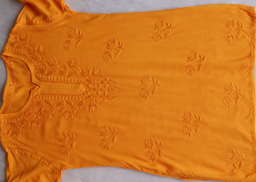 Gul Mango Yellow Short Rayon Kurta - Noor Chikankari