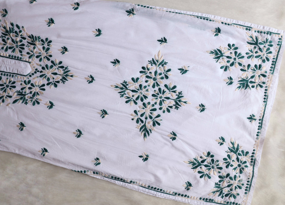 Gul Kashmiri White & Teal Pure Cotton Kurta