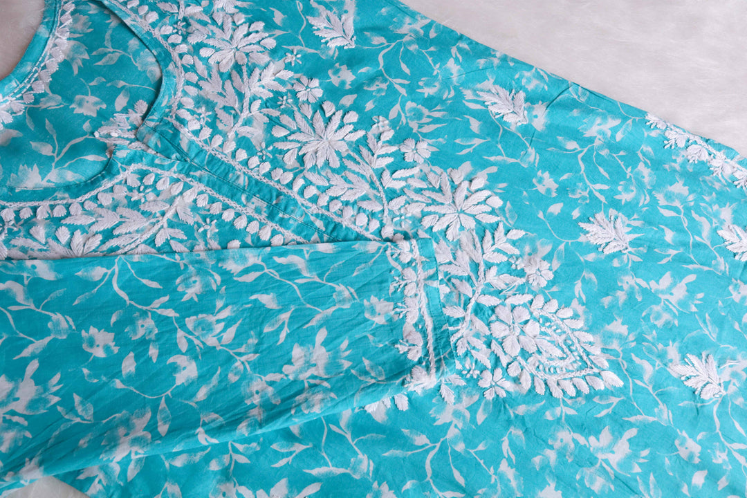 Nazakat Mint Blue Floral Long MulMul kurta