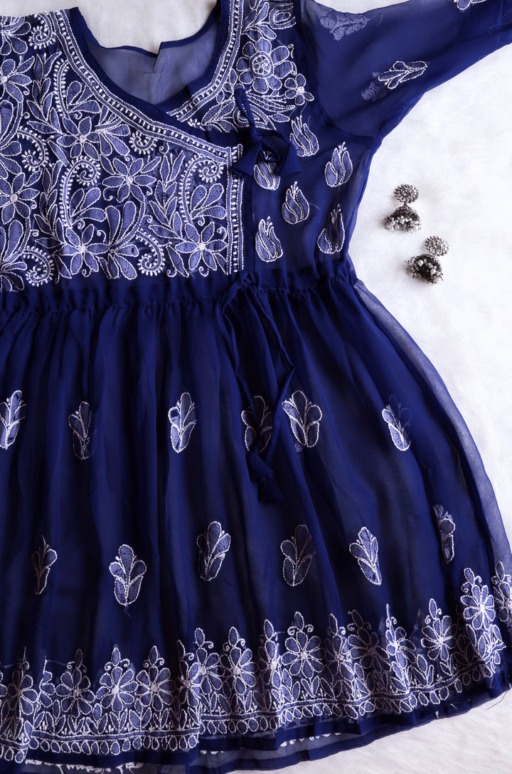 Navy Blue & White Georgette Angrakha frock