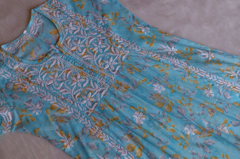 Ayra Sky Blue Floral Mulmul Nyra Cut Dress - Noor Chikankari