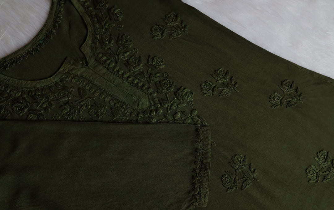 Gul Deep Olive Green Short Rayon Kurta - Noor Chikankari