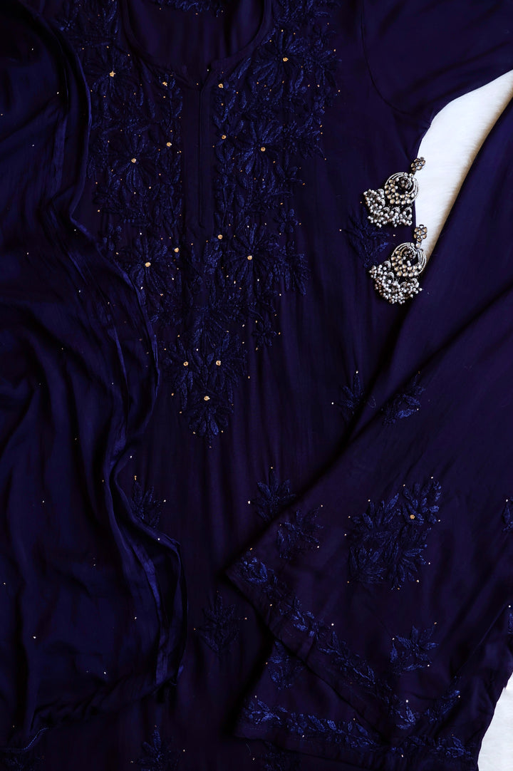 Naira Navy Blue Rayon Mukaish 3 Piece Set
