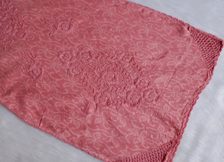 Dusty Rose Long Jacquard Lace Cotton kurta - Noor Chikankari