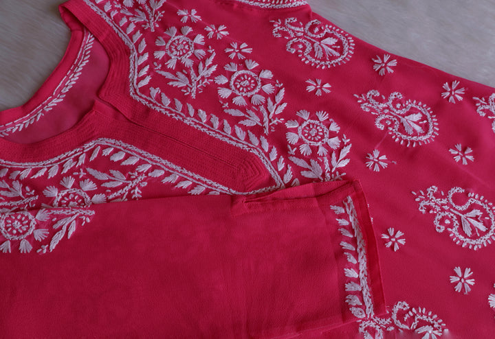 Zaira Mauve Pink & White Short Georgette Kurta - Noor Chikankari