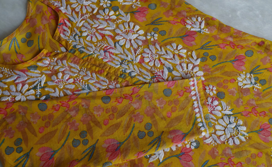 Sajal Yellow Floral Long MulMul kurta