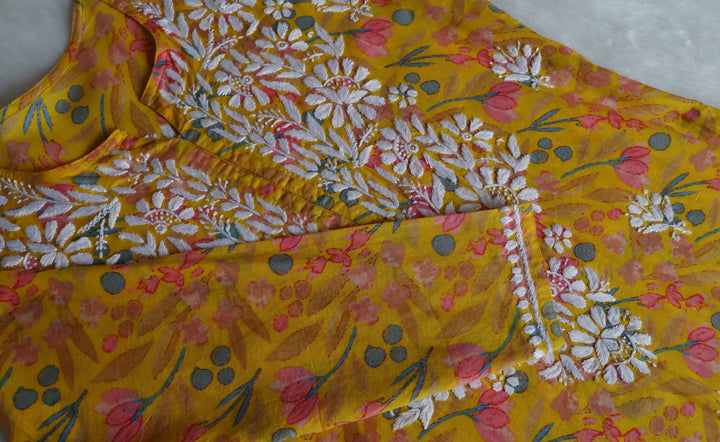 Sajal Yellow Floral Long MulMul kurta