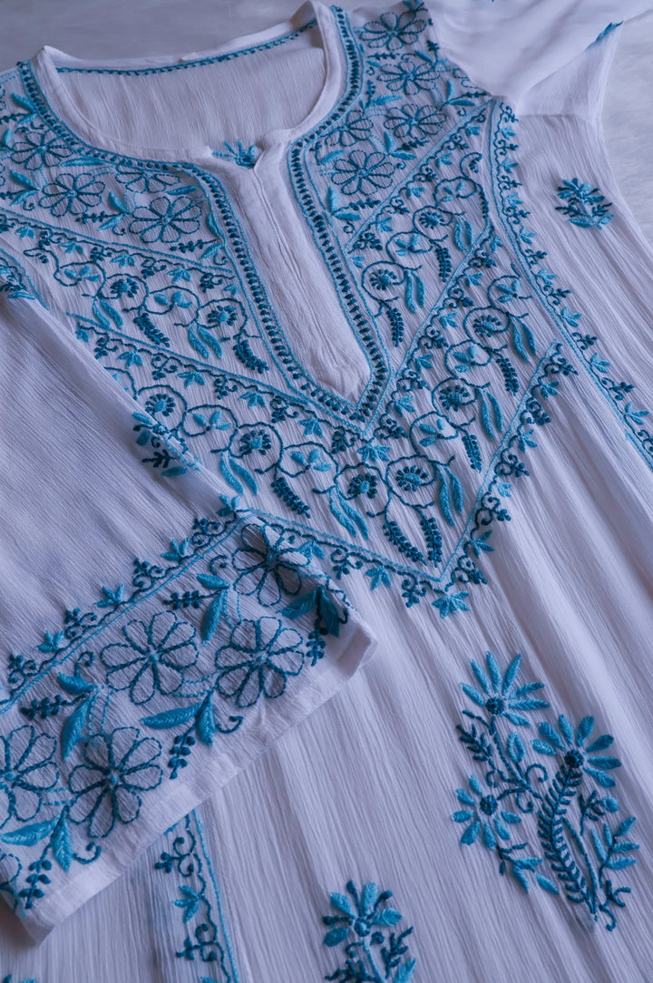 Hoorain White & Blue Pure Chiffon Kurta