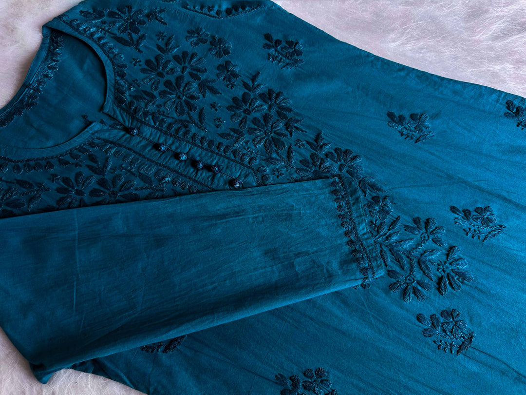 Aafia Teal Blue Long Cotton kurta