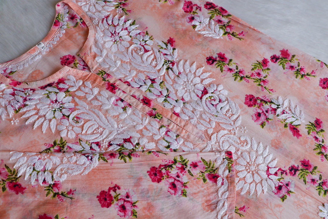 Gul Peach Floral Long MulMul Kurta