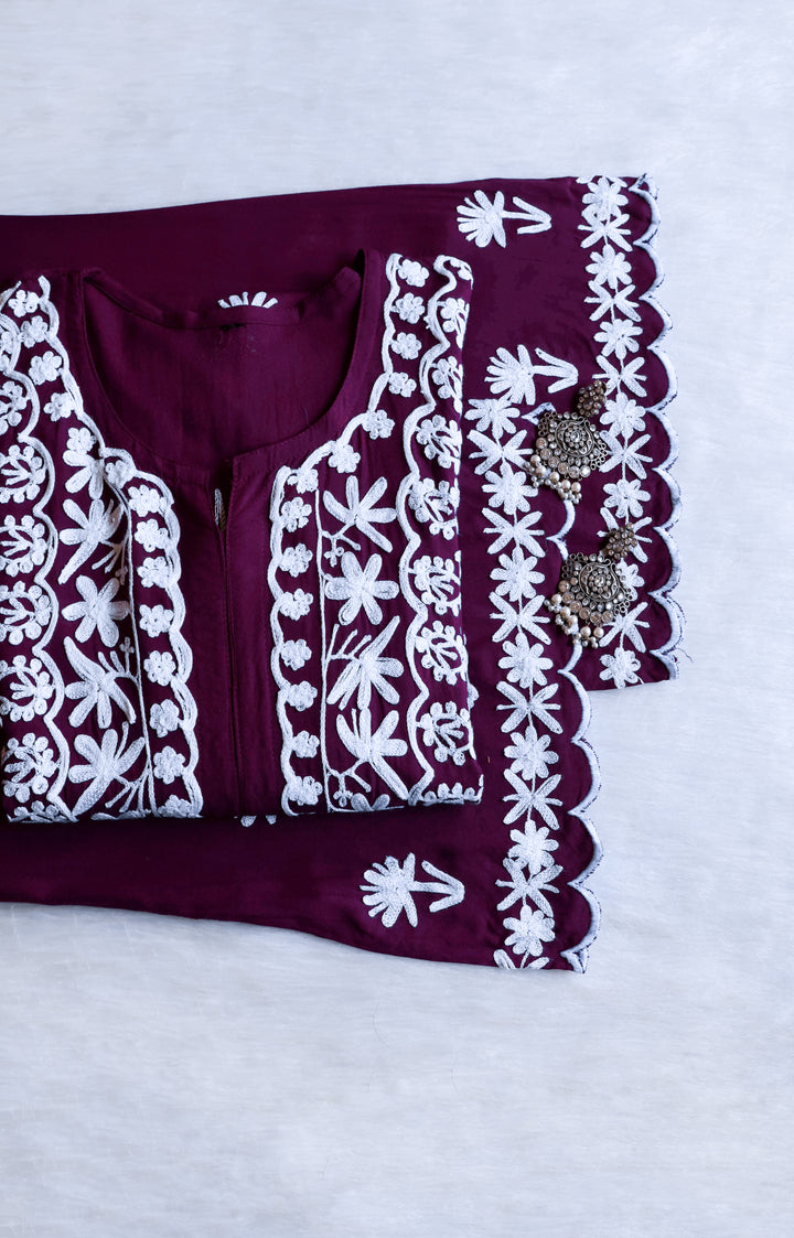 Mira Deep Purple Rayon Kurta Pant set - Noor Chikankari