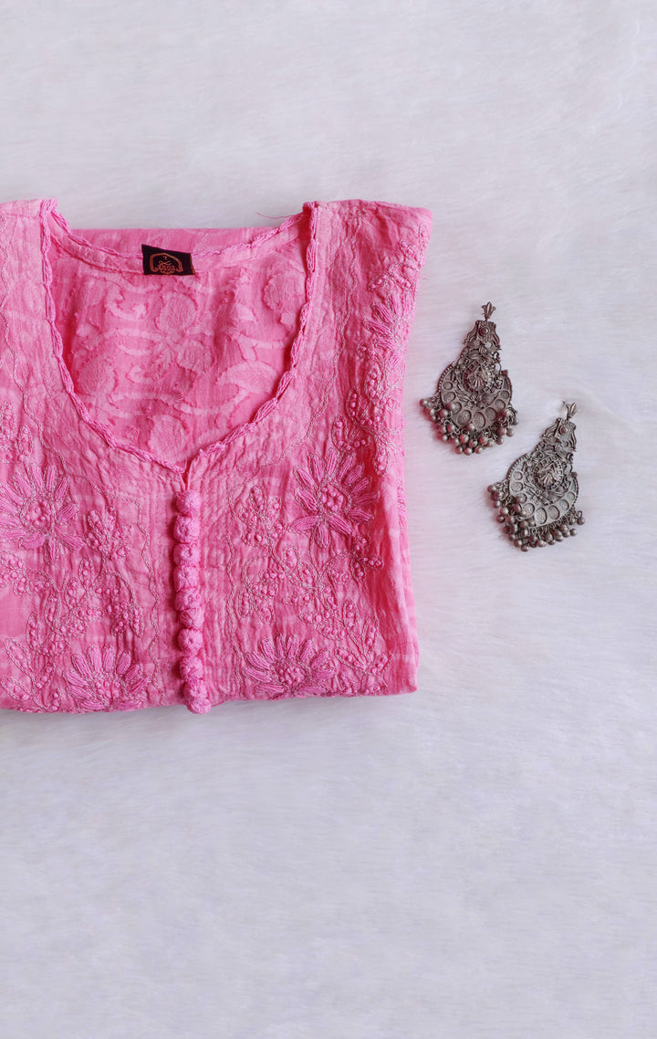 Pink Long Cotton Jacquard kurta