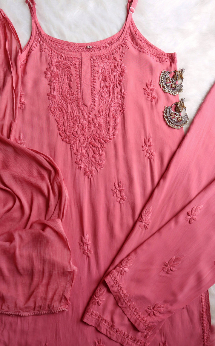 Haania Rose Brown Noodle Strap 3 Piece Kurta set
