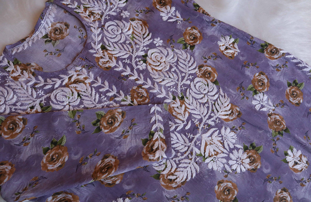 Gul Premium Purple Floral Long MulMul kurta