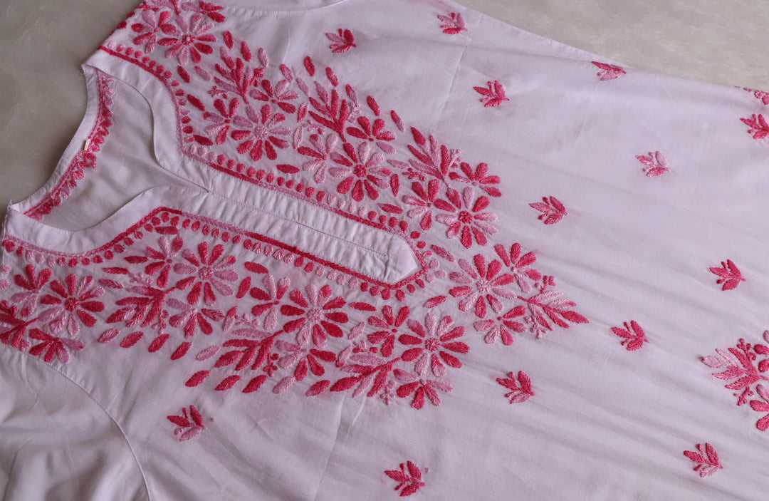 Gul Kashmiri White & Pink Pure Cotton Kurta