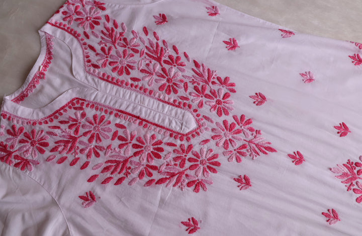 Gul Kashmiri White & Pink Pure Cotton Kurta