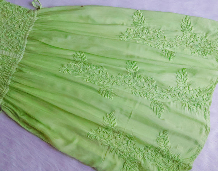 Aafiyat Pure Muslin Lime Green Chikankari Fit and Flare dress