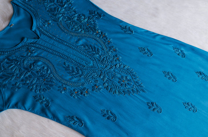 Naida Ocean Blue Rayon mukaish Long Kurta