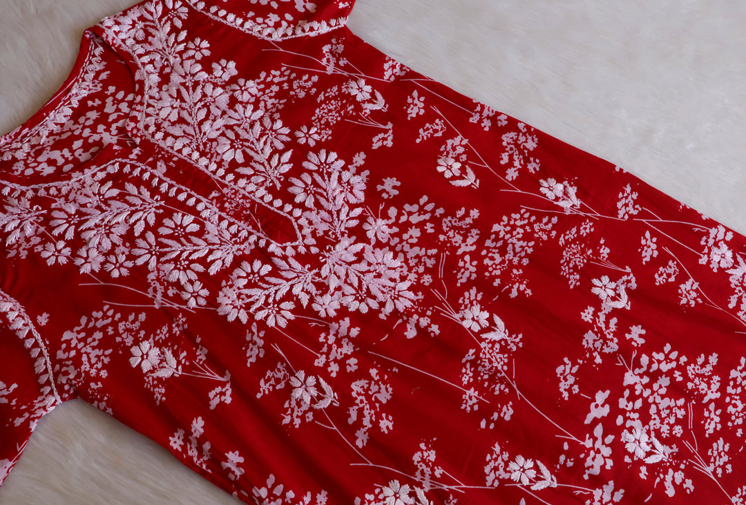 Farhaa Red Floral Long MulMul kurta
