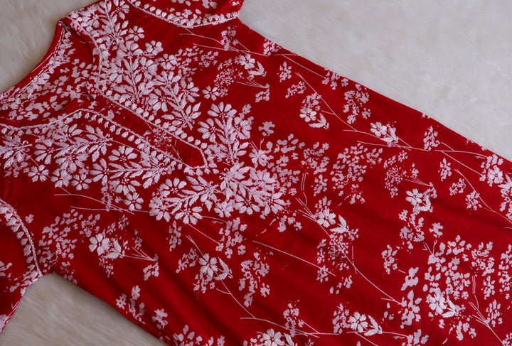 Farhaa Red Floral Long MulMul kurta