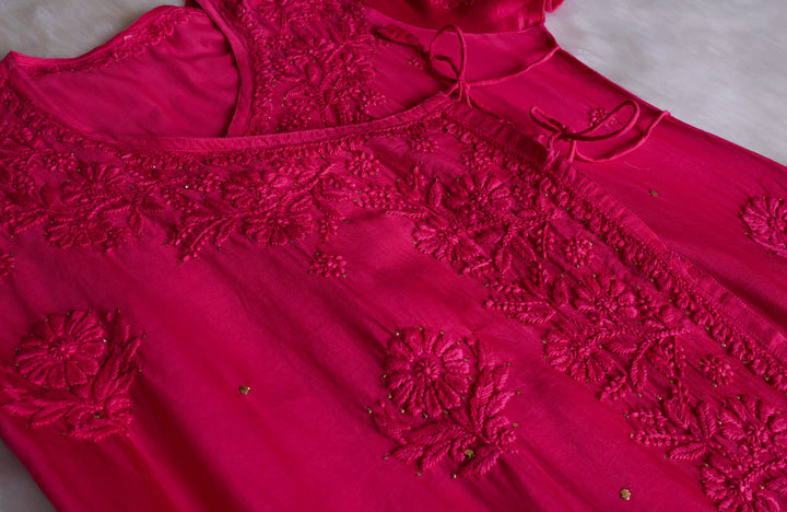 Noor Deep Pink Pure Chanderi Silk Angarakha