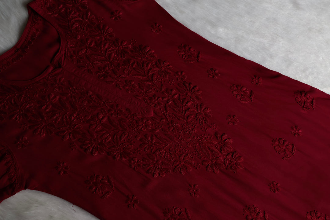 Gul Maroon Scalloped Long Rayon Kurta