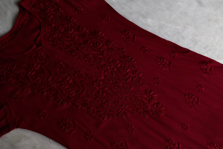 Gul Maroon Scalloped Long Rayon Kurta