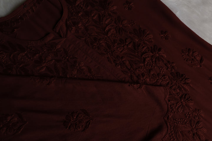 Gul Chocolate Brown Scalloped Long Rayon Kurta